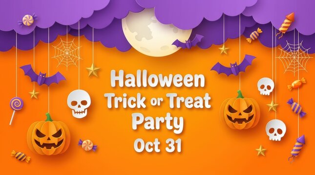 Halloween trick or treat party invitation flyer with spooky pumpkins skulls bats candy and moon on orange and purple background