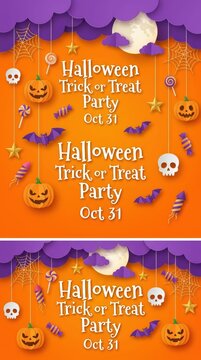 Halloween trick or treat party invitation poster with hanging pumpkins skulls bats and colorful candies on a vibrant orange background