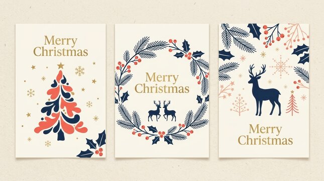 Set of three merry christmas greeting cards with colorful fir tree wreath and reindeer illustration in a modern flat artistic style for holiday season celebration invitations