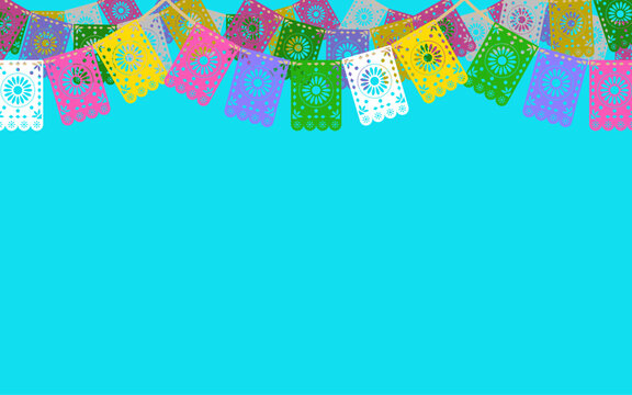 Colorful Mexican papel picado bunting hanging across a bright background with large copy space for festive celebrations.