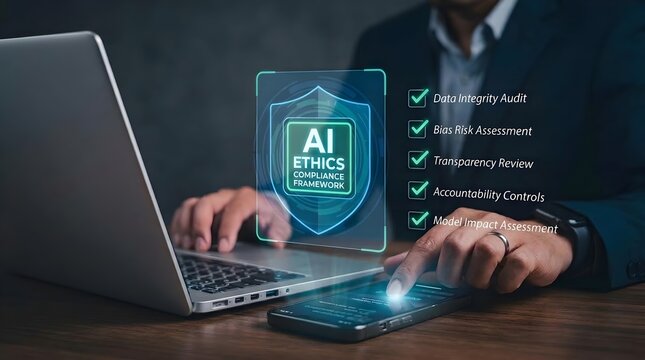 AI Ethics compliance and governance framework concept with business professional using a laptop and mobile phone