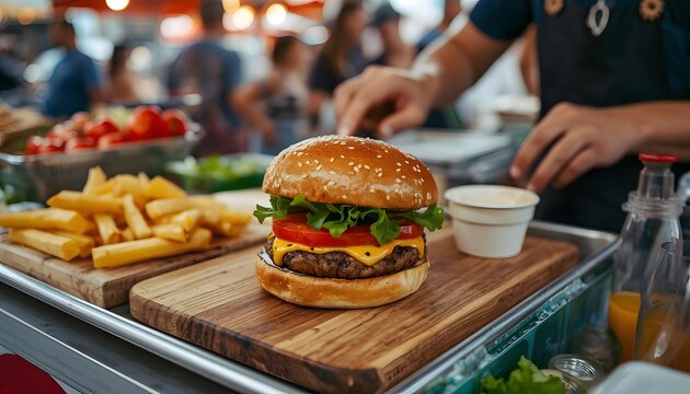delicious vegan burger being prepared and sold at bustling street market 