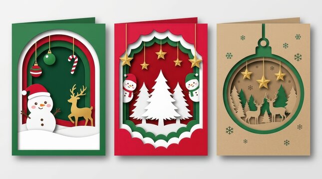 Three decorative christmas greeting cards with snowman reindeer and tree designs in paper craft art style for winter holiday season celebrations and festive gift greeting