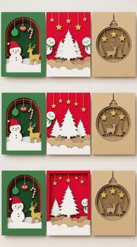 Set of three christmas greeting cards with paper cut style illustrations of snowman deer trees and ornaments in festive colors for holiday seasonal design and decoration