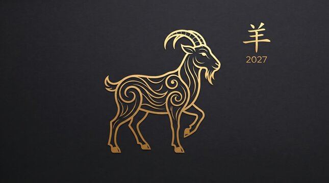 Golden goat zodiac icon with Chinese character on dark background