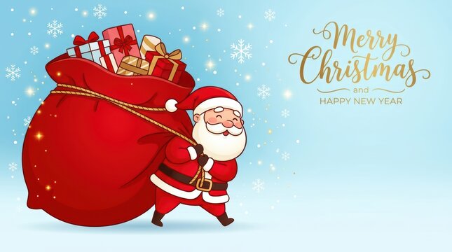 Cute cartoon santa claus carrying a big red sack full of christmas gifts with merry christmas text on a snowy winter background for seasonal holiday greeting card design
