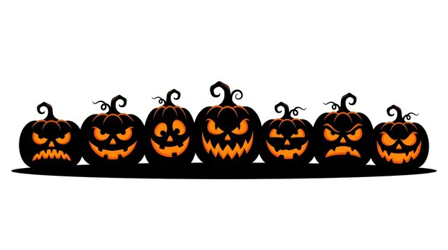 Row of scary carved jack o lantern pumpkins with glowing orange eyes and mouths for a spooky halloween celebration and festive holiday party decoration graphic design element