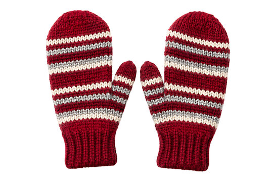 Pair of red knitted winter mittens with white and gray striped pattern warm clothing accessory isolated on a transparent background