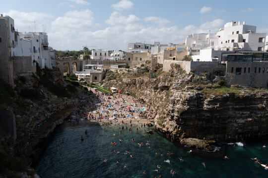 aerial view of lama monachile beach in polignano a mare, apulia, italy