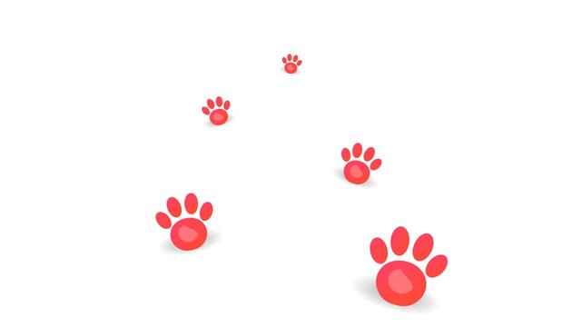 Red animal paw prints walking on white background