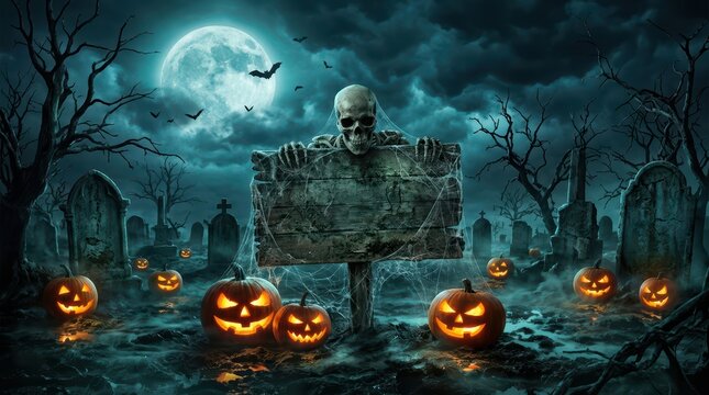 Scary human skull holding a wooden sign in a dark spooky graveyard with glowing jack o lantern pumpkins and a bright full moon on a creepy halloween night atmosphere