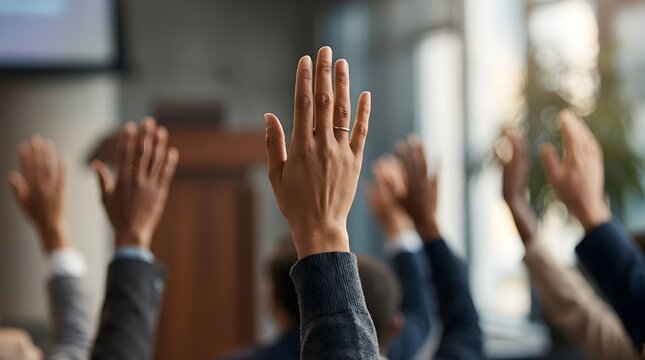 Diverse group of business professionals raising hands in a modern conference room for questions and voting