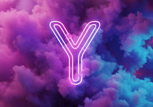 Glowing neon letter y symbol floating amidst thick purple and blue smoke clouds