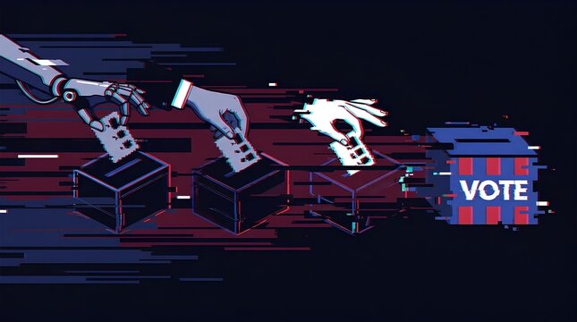 Conceptual illustration of robotic and human hands casting ballots into digital voting boxes.
