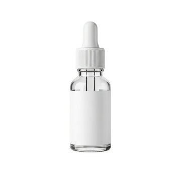 Clear glass dropper bottle with blank label for cosmetics isolated on transparent background