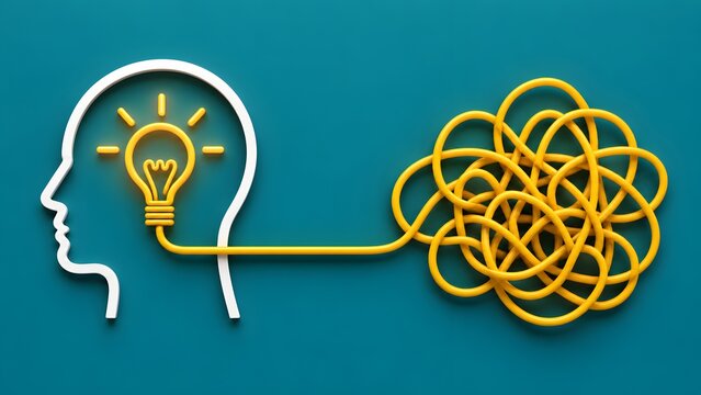 Tangled yellow wire forming brain shape transforming into glowing lightbulb inside head profile representing sudden clarity and bright idea