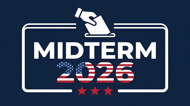 2026 Midterm Elections graphic with ballot box and stars icons.