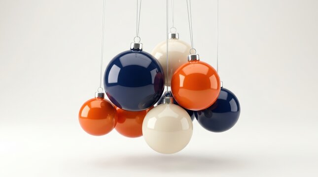 Group of shiny blue orange and cream christmas ornaments hanging together as festive holiday decorations for tree trimming and seasonal winter celebration greeting cards