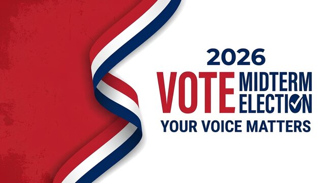 2026 midterm election promotional graphic featuring red blue ribbons and vote call to action.