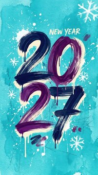 Happy new year 2027 greeting card with creative brush stroke numbers and winter snowflakes on a bright blue festive background for seasonal holiday design celebration