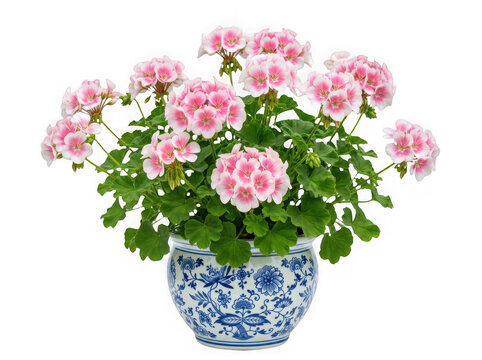 Potted pink geranium flowers in a decorative blue and white ceramic pot isolated on transparent background