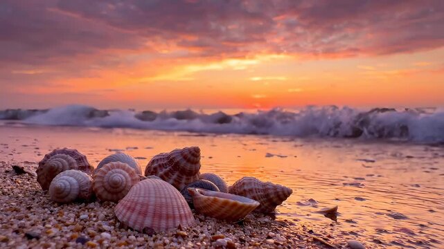Beautiful seashells on a sandy beach at sunset with ocean waves.