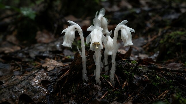 Ghost Pipe flowers growing on dark forest floor, rare white Monotropa uniflora plant.