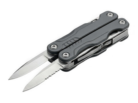 Modern multitool with folding blades isolated on transparent background