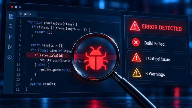 Software bug detection concept with magnifying glass over red insect icon and computer code representing error troubleshooting and failed build
