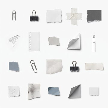 Office collage elements with torn paper scraps, binder clips and stationery on white background