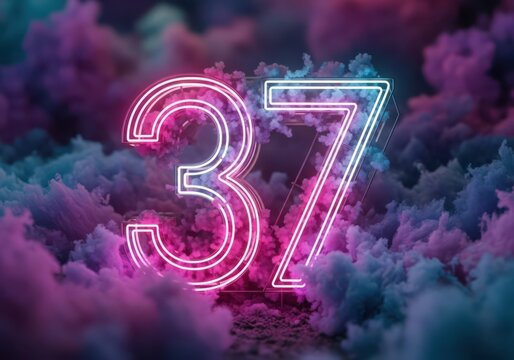 Glowing neon number 37 surrounded by soft pink and blue clouds of smoke or vapor