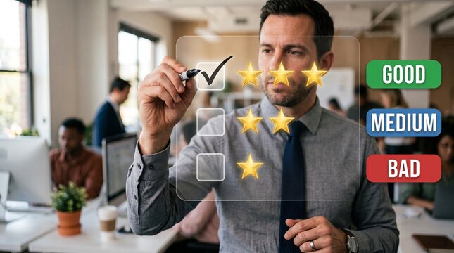Customer Satisfaction Assessment: A focused businessman evaluates service quality, marking a checkmark next to five stars on a digital display.