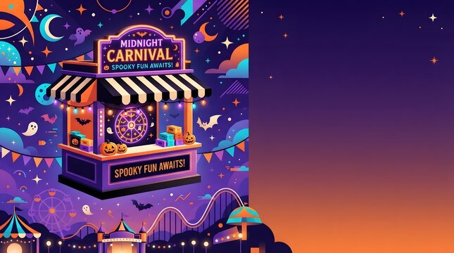 A vibrant digital illustration of a magical carnival ticket booth under a starry purple night sky