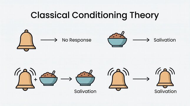 Classical conditioning theory diagram outlining stimulus pairing and conditioned reflex salivation process vector