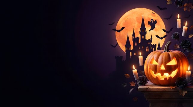 Spooky halloween background featuring a glowing jack o lantern with a haunted castle and full moon
