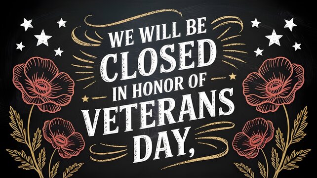 Veterans day closure sign with chalk style lettering and poppy flowers on a black chalkboard background