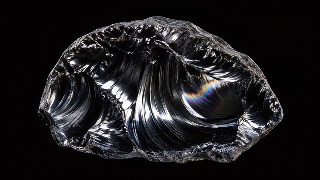 Obsidian volcanic glass conchoidal fracture surface macro with vivid curved specular light arcs razor edges and jet-black glass quality on pure black background