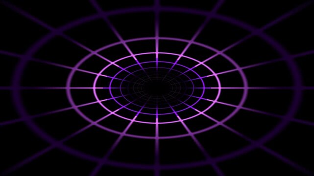 Purple Wireframe Grid Tunnel Zooming into Dark Void, Retro Cyberpunk Motion Graphic