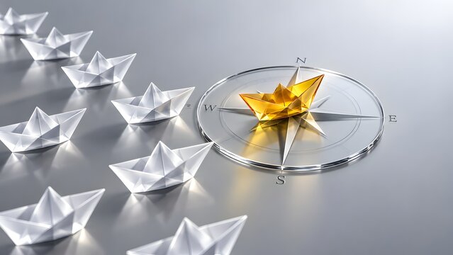 Golden origami boat sitting on compass leading white boats representing strategic business direction and competitive advantage