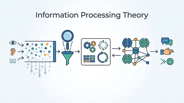 Information processing theory model comparing human mind to computer data input storage and output retrieval