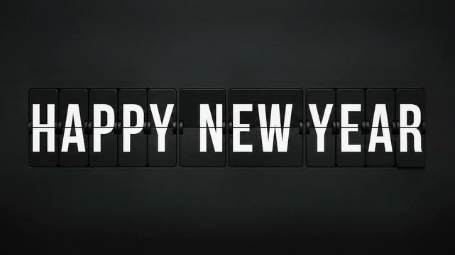 Vintage Split-Flap Display Spelling Happy New Year on Black Background
