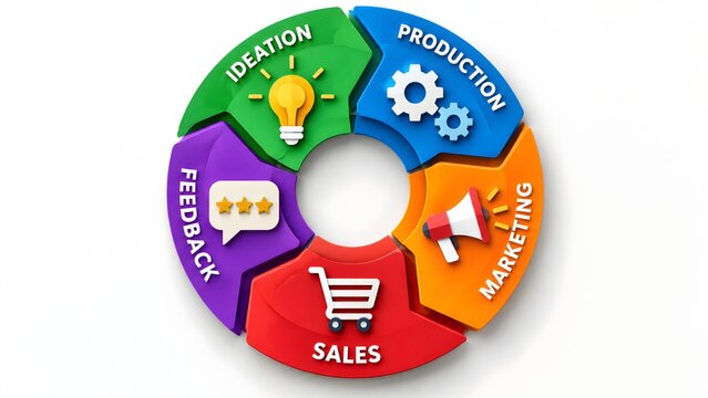 3D circular puzzle chart with colorful segments representing business product lifecycle from ideation to feedback