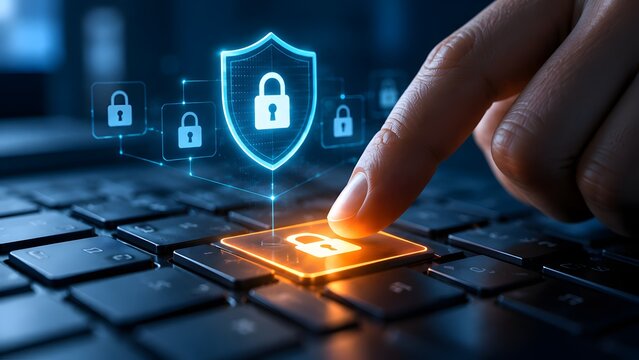 Secure login authentication concept with hand pressing glowing padlock keyboard button representing digital privacy and identity verification