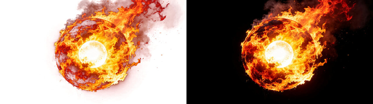 Png of a glowing celestial sphere engulfed in intense flames and smoke, resembling a burning planet or meteor, isolated on transparent background