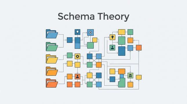 Schema theory flowchart demonstrating organizational cognitive frameworks and structured data categorization
