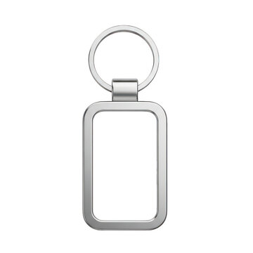 Blank metal rectangular keychain with silver ring isolated on transparent background