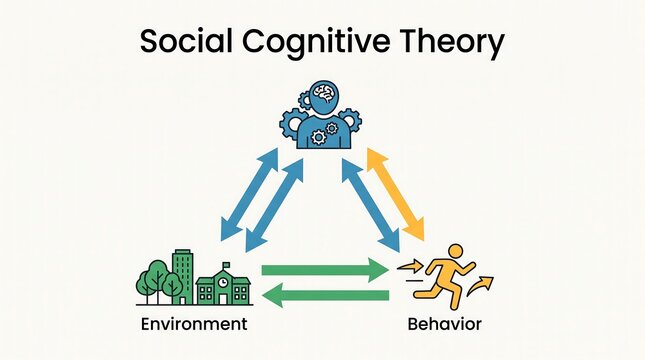 Social cognitive theory diagram illustrating reciprocal determinism between personal factors behavior and environment