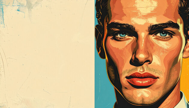 Close-up of handsome man pop art illustration with copy space