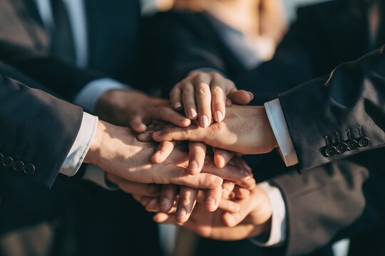 Group of business colleagues stacking their hands together in a show of teamwork and unity