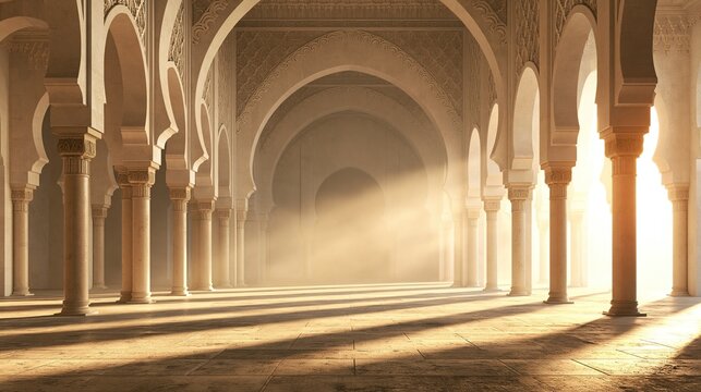 Empty ornate islamic arcade hallway with repeating carved horse shoe arches columns and warm sun light rays streaming in traditional middle eastern architecture
